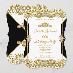 Damask Gold Black White Diamond Birthday Party Kaart