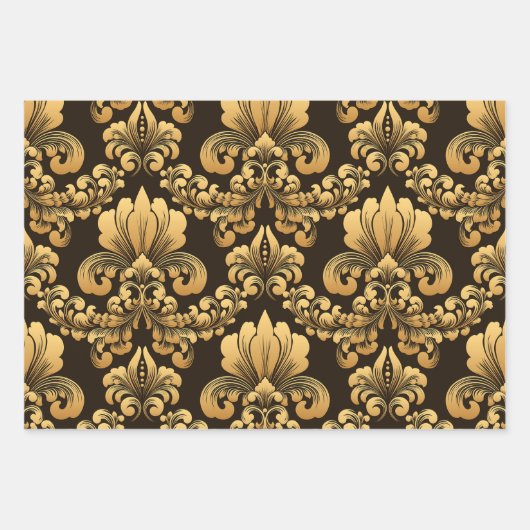 Damask Gold & Black Wrapping paper 3 sheets set (Voorkant 2)