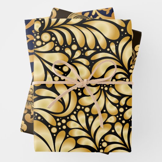 Damask Gold & Black Wrapping paper 3 sheets set (In situ)