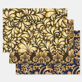 Damask Gold & Black Wrapping paper 3 sheets set