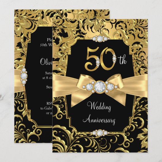 Damask Gold Bow Black Diamond 50e Jubileum Kaart (Voorkant / Achterkant)