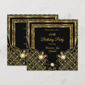 Damask Gold Diamond Black Bow Birthday Party Kaart (Voorkant / Achterkant)