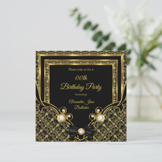 Damask Gold Diamond Black Bow Birthday Party Kaart (Staand voorkant)