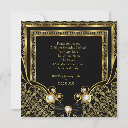 Damask Gold Diamond Black Bow Birthday Party Kaart (Achterkant)