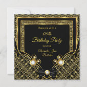 Damask Gold Diamond Black Bow Birthday Party Kaart (Voorkant)
