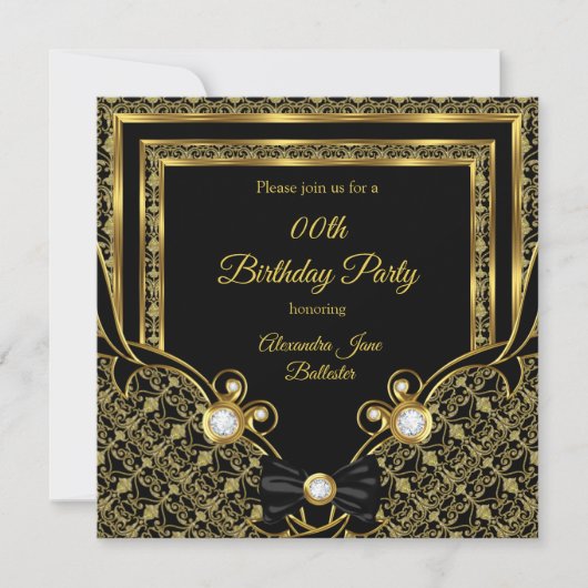 Damask Gold Diamond Black Bow Birthday Party Kaart (Voorkant)