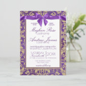 Damask Gold en Royal Paarse bruiloft Kaart (Staand voorkant)