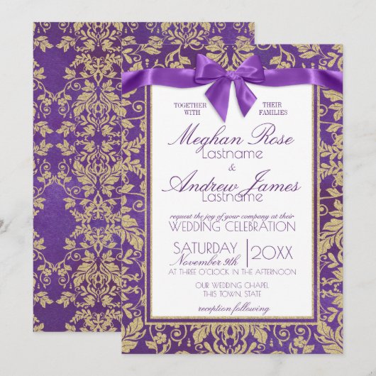 Damask Gold en Royal Paarse bruiloft Kaart (Voorkant / Achterkant)