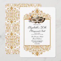 Damask Gold Masquerade Ball 50th Birthday Invitat