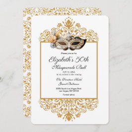 Damask Gold Masquerade Ball 50th Birthday Invitat Kaart