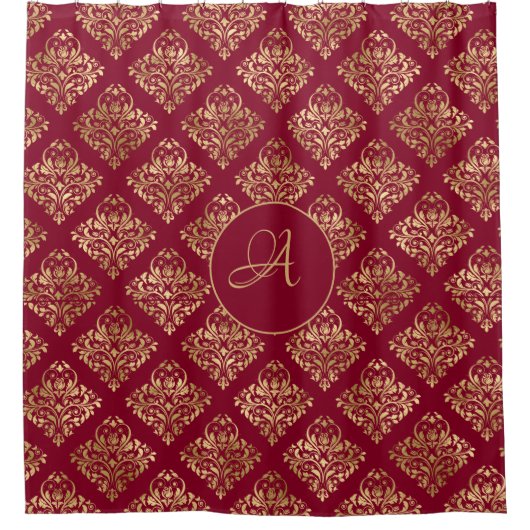 Damask Gold Monogram op Bourgogne Douchegordijn (Voorkant)