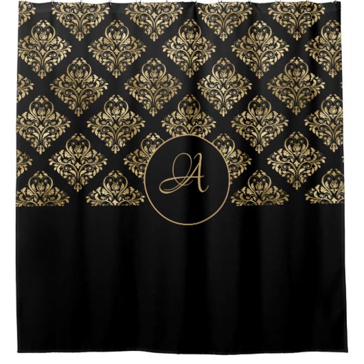Damask Gold Monogram op zwart Douchegordijn (Voorkant)