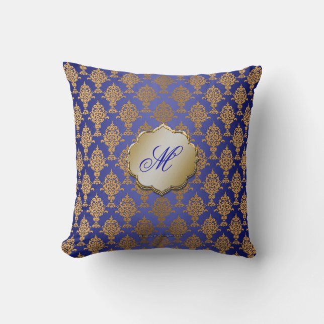 Damask Gold op Royal Blue Kussen (Voorkant)