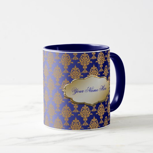 Damask Gold op Royal Blue Mok (Voorkant rechts)