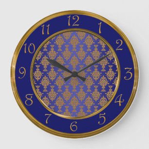 Damask Gold op Royal Blue Numbers Grote Klok