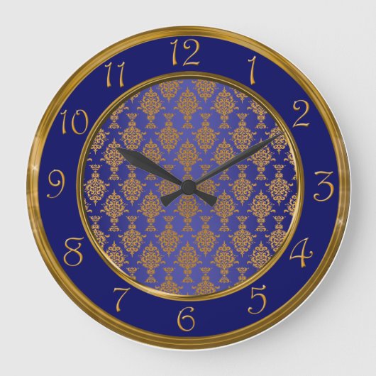 Damask Gold op Royal Blue Numbers Grote Klok (Voorkant)