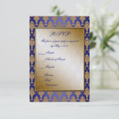 Damask Gold op Royal Blue Shine RSVP Kaartje (Staand voorkant)