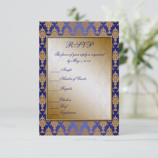 Damask Gold op Royal Blue Shine RSVP Kaartje (Staand voorkant)
