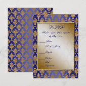 Damask Gold op Royal Blue Shine RSVP Kaartje (Voorkant / Achterkant)