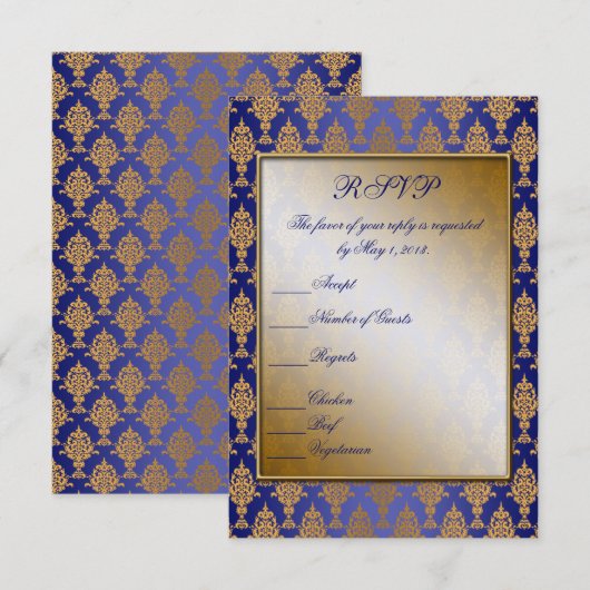 Damask Gold op Royal Blue Shine RSVP Kaartje (Voorkant / Achterkant)