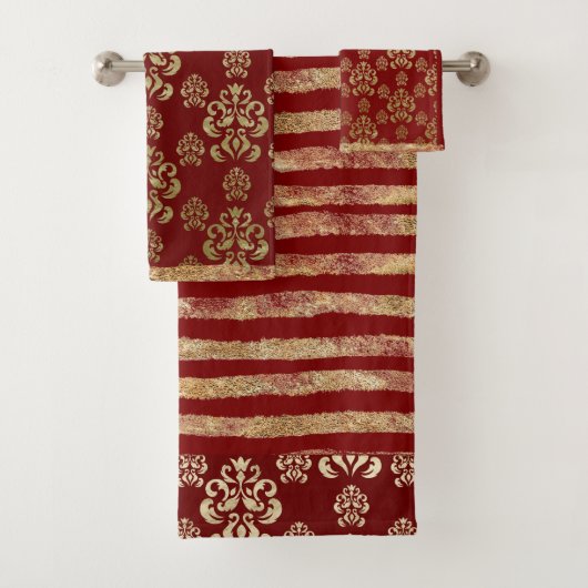 Damask Gold Red Elegant Moderne Stripe Bad Handdoek (Insitu)