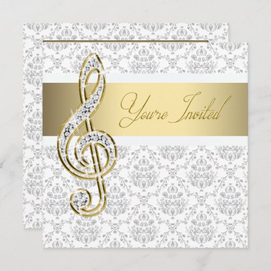 Damask Gold Treble Clef Music Overweging Uitnodigi Kaart (Voorkant / Achterkant)