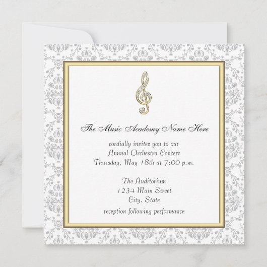 Damask Gold Treble Clef Music Overweging Uitnodigi Kaart (Achterkant)