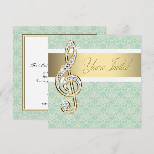 Damask Gold Treble Clef Music Overweging Uitnodigi Kaart (Voorkant / Achterkant)