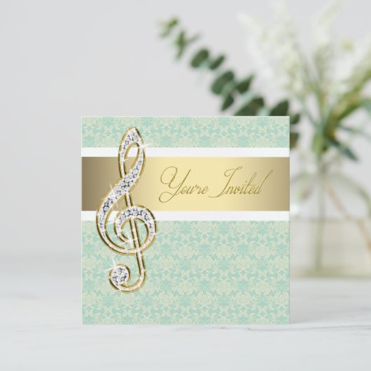 Damask Gold Treble Clef Music Overweging Uitnodigi Kaart (Staand voorkant)