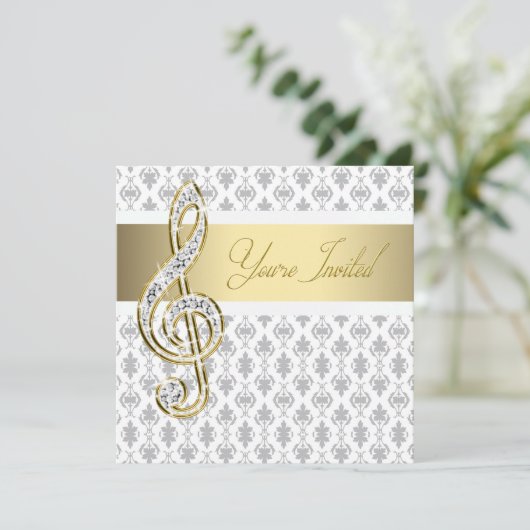 Damask Gold Treble Clef Overweging Uitnodigingen (Staand voorkant)