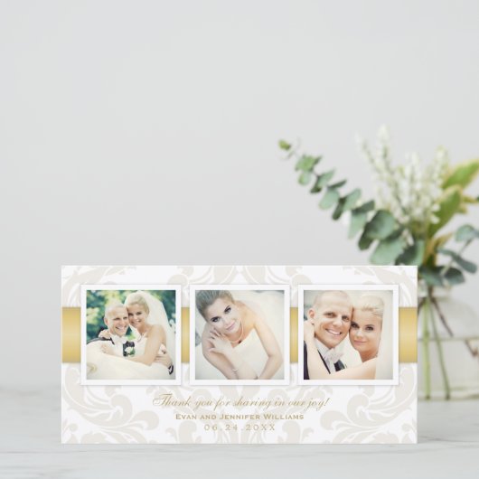  Damask Gold Wedding Fotocollage Bedankkaart (Staand voorkant)
