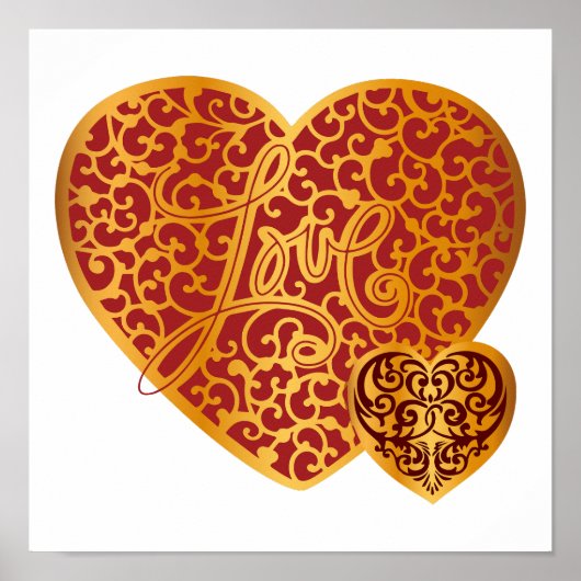 Damask Golden Love Red Heart Poster (Voorkant)