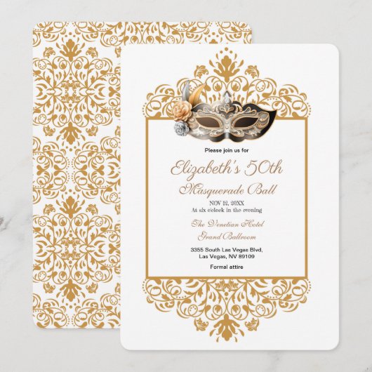 Damask Goud Maskerade Bal 50ste Verjaardag Uitnodi Kaart (Voorkant / Achterkant)