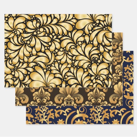 Damask Goud & Zwart Inpakpapier 3 vellen set