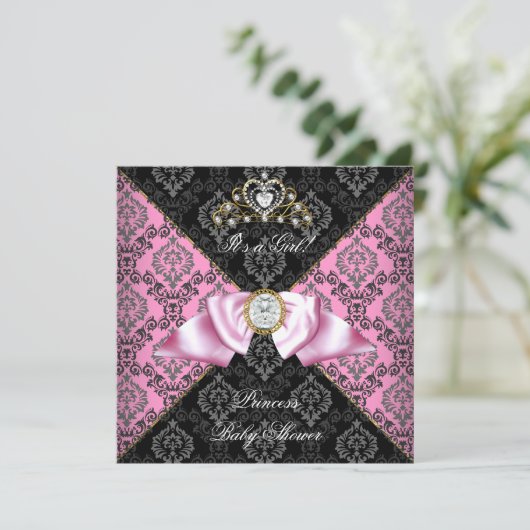 Damask Gray Black Pink Princess Baby shower Girl Kaart (Staand voorkant)
