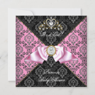 Damask Gray Black Pink Princess Baby shower Girl Kaart