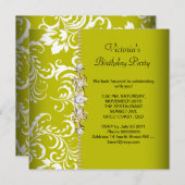 Damask Green Avocado White Birthday Party Gold Kaart (Voorkant / Achterkant)