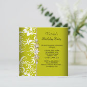 Damask Green Avocado White Birthday Party Gold Kaart (Staand voorkant)