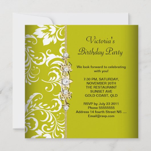 Damask Green Avocado White Birthday Party Gold Kaart (Voorkant)