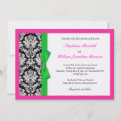Damask Green Bow met Hot Pink Wedding Invitation Kaart (Voorkant)