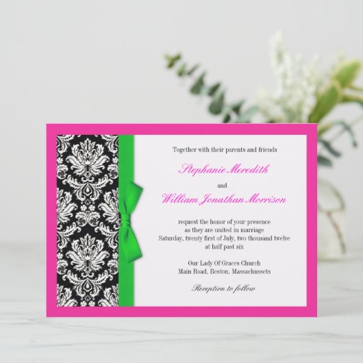Damask Green Bow met Hot Pink Wedding Invitation Kaart (Staand voorkant)