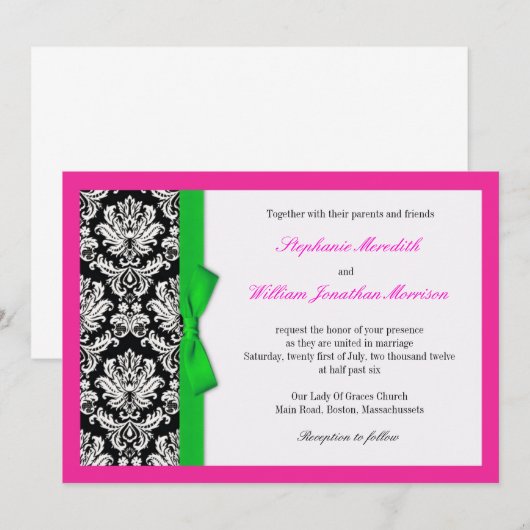 Damask Green Bow met Hot Pink Wedding Invitation Kaart (Voorkant / Achterkant)
