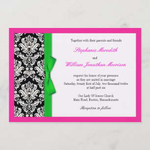 Damask Green Bow met Hot Pink Wedding Invitation Kaart