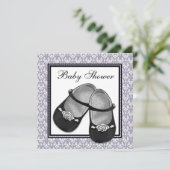 Damask Grey Paarse Lavendel Baby shower Uitnodigin Kaart (Staand voorkant)