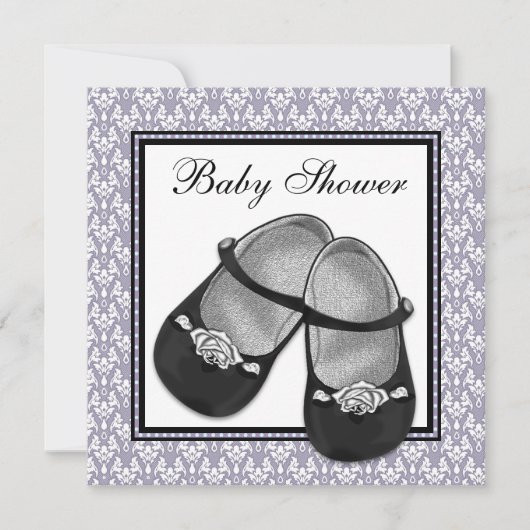Damask Grey Paarse Lavendel Baby shower Uitnodigin Kaart (Voorkant)