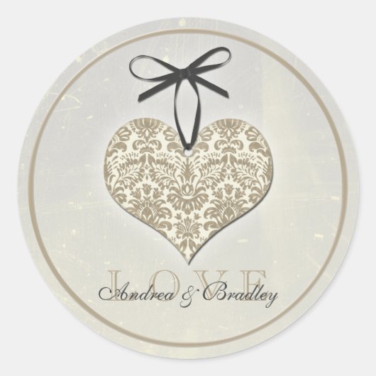 Damask Hart Grijs Gepersonaliseerde bruiloft Ronde Sticker (Voorkant)