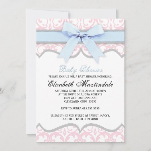 Damask Heart Blue Pink Baby shower Invitation Kaart (Voorkant)