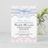 Damask Heart Blue Pink Baby shower Invitation Kaart (Staand voorkant)