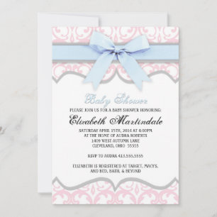 Damask Heart Blue Pink Baby shower Invitation Kaart