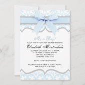 Damask Heart Blue Ribbon Baby shower Invitation Kaart (Voorkant)